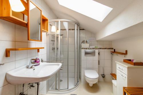 a bathroom with a sink and a shower and a toilet at Ferienwohnung Alpenpanorama in Oberau