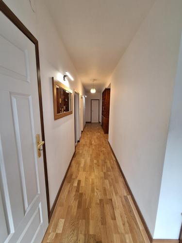 a hallway with a white door and a wooden floor at Szmer Olzy Apartament in Istebna