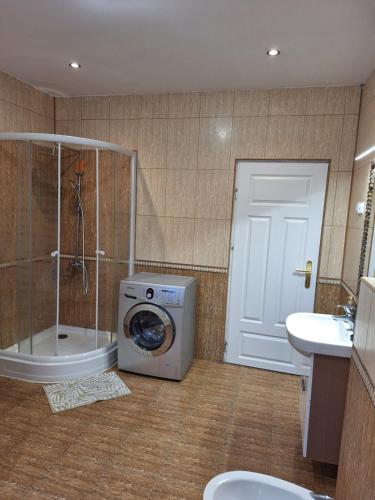 a bathroom with a shower and a washing machine at Szmer Olzy Apartament in Istebna