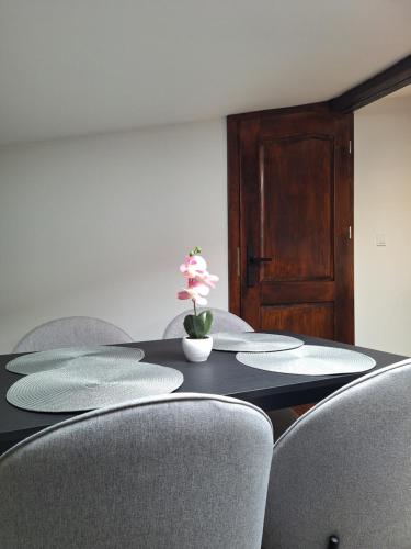 a table with chairs and a vase with flowers on it at Szmer Olzy Apartament in Istebna