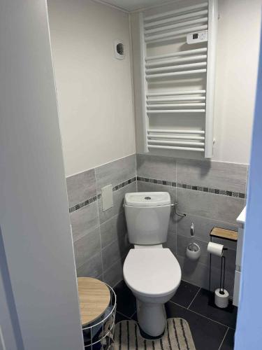 a bathroom with a white toilet in a room at chez Riva et Christophe in Luynes