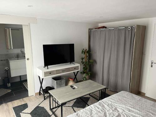 a living room with a flat screen tv on a table at chez Riva et Christophe in Luynes