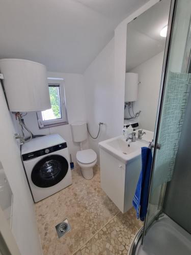 a small bathroom with a toilet and a sink at Luna's Seaview Residence - Ankaran in Ankaran