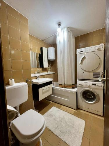 a bathroom with a toilet a sink and a washing machine at Apartman Lavanda in Živinice