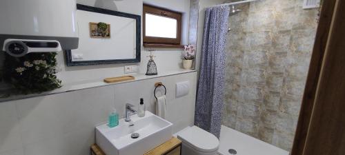 Un baño blanco con lavabo y ducha. en Pod farárovou hôrkou, en Banská Štiavnica