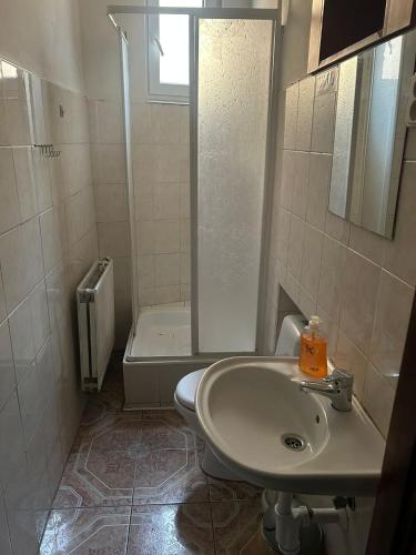 a bathroom with a sink and a toilet and a shower at Loftel v centru Ostravy in Slezská Ostrava