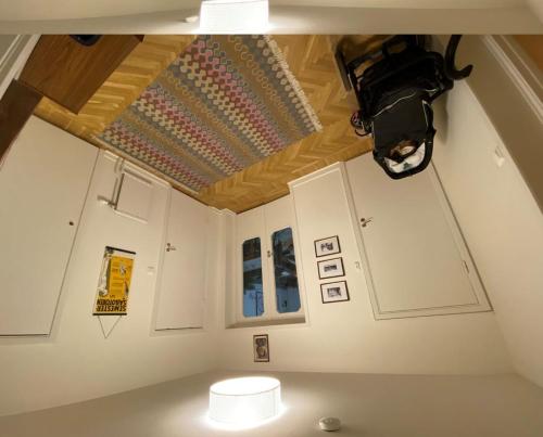 a room with a vaulted ceiling and a room with a dog at City apartment with balcony in Norrköping