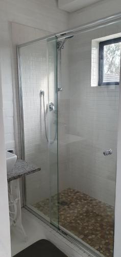 a glass shower in a bathroom with a sink at Quilla Quarters in Plumstead