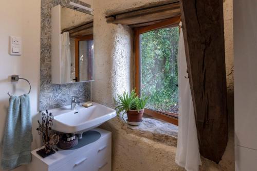 a bathroom with a sink and a window at L'arbres aux minutes in Saint-Martin-Sepert