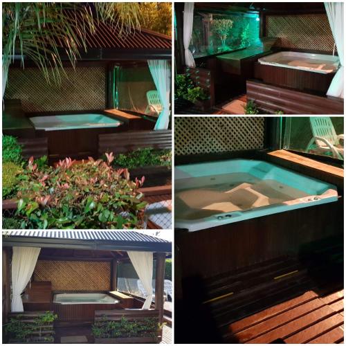 three different views of a swimming pool in a garden at Cabañas Rancho Unelen in Colón