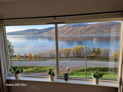 a window with a view of a lake and mountains at Skogstad Ferie og fritid in Tromsø