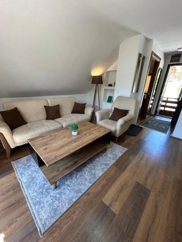 a living room with a couch and a coffee table at Vila Simona in Mavrovo
