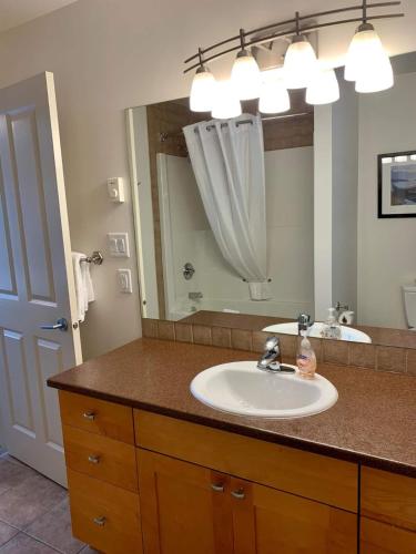 a bathroom with a sink and a large mirror at Sooke Harbour Hideaway - Luxurious Vacation Rental in Sooke