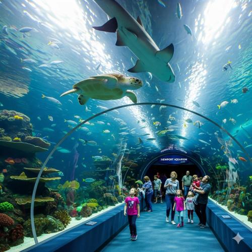 a group of people walking through an aquarium at The Heart of Madison Suites in Covington