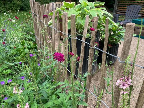 a wooden fence with flowers in a garden at Krogsgaarden B&B in Nibe