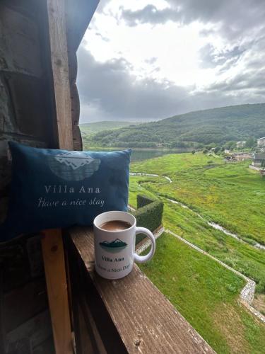 a cup of coffee sitting on a window sill with a view at Villa ANA-Mavrovo in Mavrovo