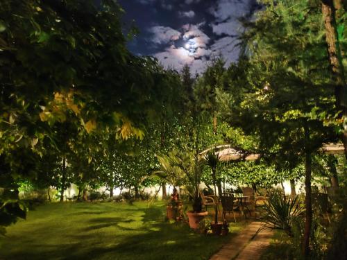 a garden with a table and chairs and trees at Park Hotel Amfora -Free Parking in Sofia