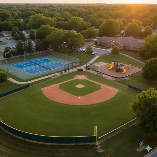 an aerial view of a baseball field and tennis court at Arkstone Retreat 1 - Chic Downtown Escape in Williamstown