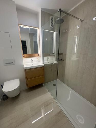 a bathroom with a shower and a toilet and a sink at Wuff & Wellensicht Travemünde in Travemünde