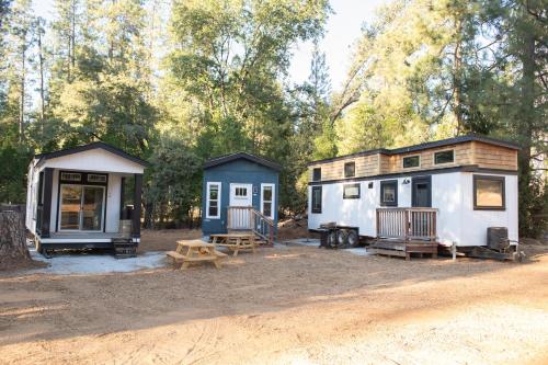 グローブランドにあるTiny House Yosemiteの森の中に駐車された小さな家々