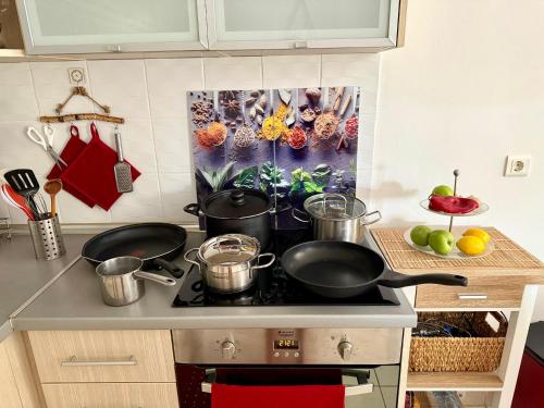 a kitchen with two pots and pans on a stove at Apartment "Gluecks-Griff" inside "Becici Sunset Apartments" in Budva