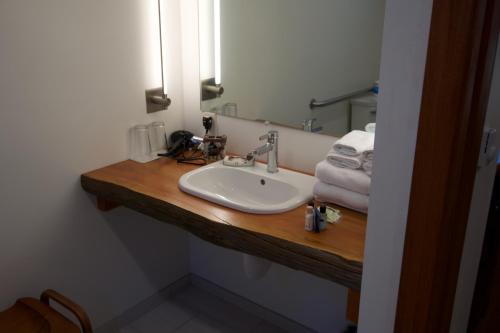 a bathroom counter with a sink and a mirror at Tamarack Lodge Motel in Tahoe City