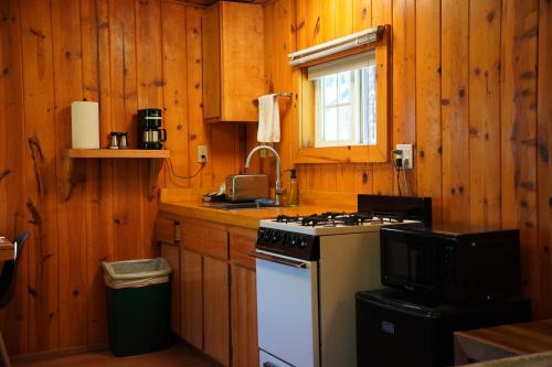 a kitchen with wooden walls and a stove top oven at Tamarack Lodge Motel in Tahoe City