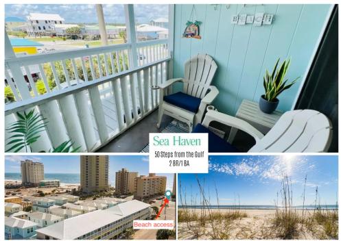 a collage of photos of a balcony with a view of the beach at Deeded Beach Access- 10 min Walk to Hangout in Gulf Shores