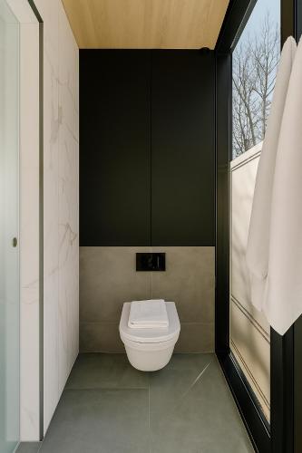 a bathroom with a toilet in a black wall at Pinetum Garden Cottages in St Austell