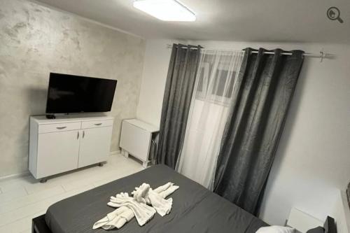 a room with a bed and a television and towels at Point apartman 1 in Belgrade