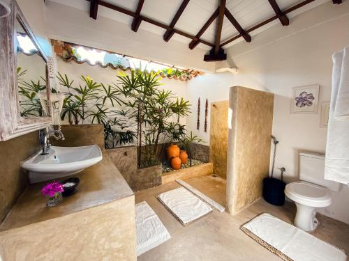 baño con lavabo, aseo y plantas en Pousada San Antonio Praia, en Caraíva