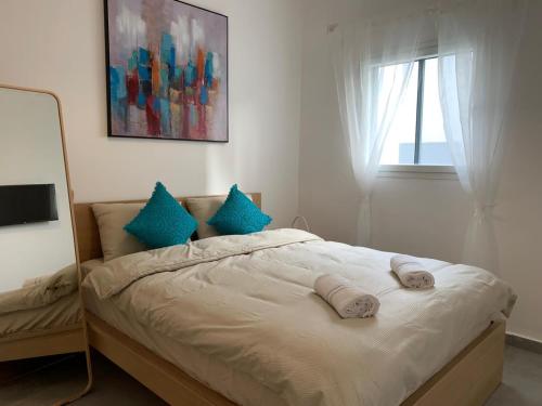 a bedroom with a bed with blue pillows on it at Via Arad Apartments in Arad