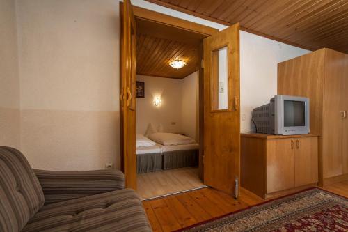 ein Wohnzimmer mit einem Sofa und einem TV in der Unterkunft Kaiserappartements Müllnerhof in Oberndorf in Tirol