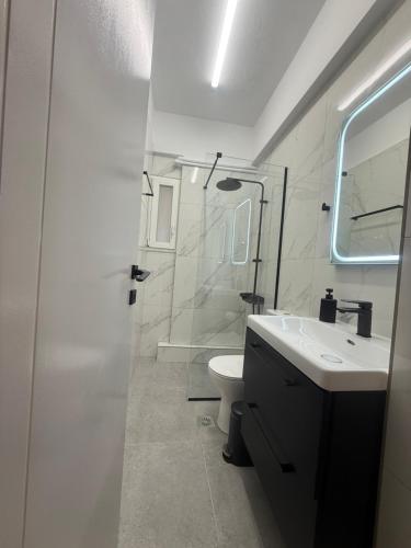 a bathroom with a toilet and a sink and a shower at Domus Philippi in Larisa