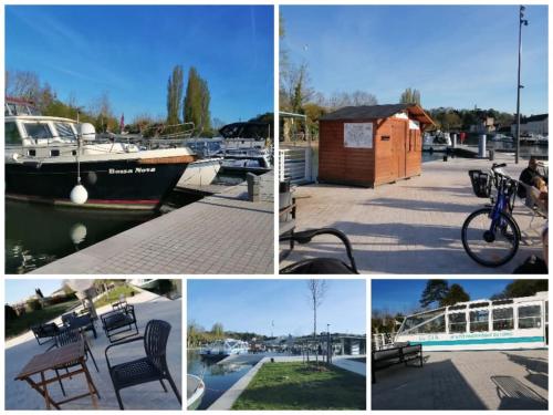a collage of pictures of a marina with a boat at Escale Secrète Détente Montargis Parking Gratuit in Montargis