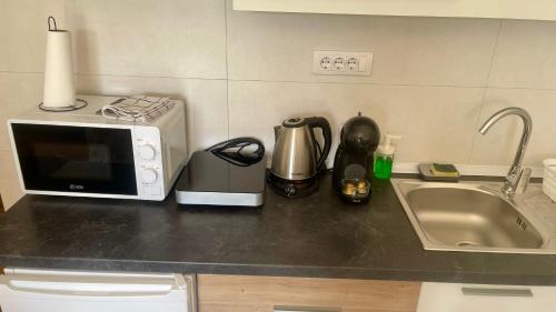 a kitchen counter with a microwave and a sink at Riverside Nis in Niš