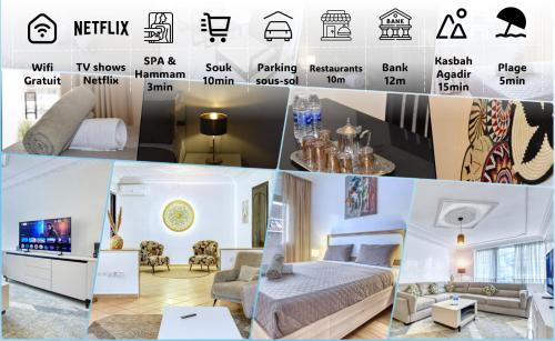 a collage of photos of a bedroom and a living room at Appartement de Luxe Arôme de Paris, by 2sAgency in Agadir
