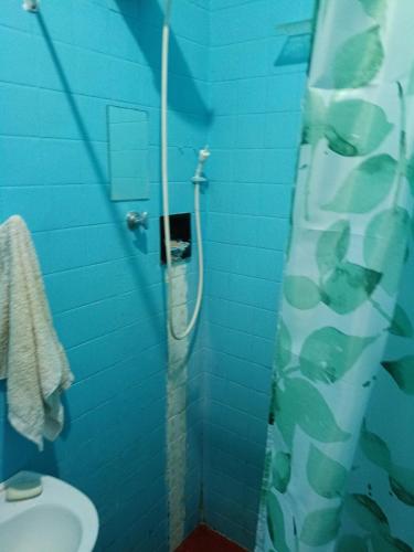 un bagno piastrellato di blu con WC e doccia di Simples Santa Teresa a Rio de Janeiro