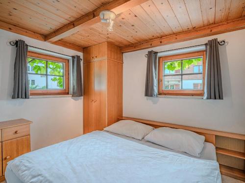 a bedroom with a bed and two windows at Jaklitsch 1 in Alpendorf