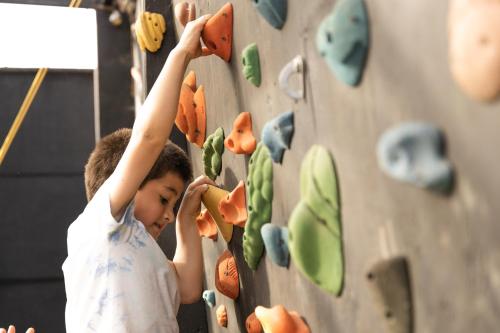 a young boy is climbing a rock wall at Casa Magdalena ideal para Familias in Puerto Varas