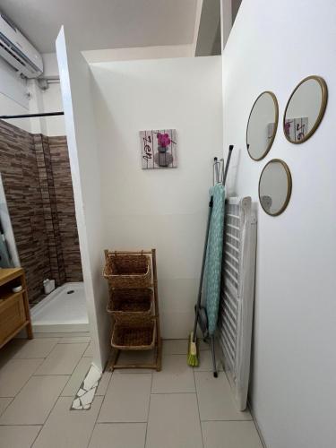 a bathroom with a shower and a radiator and mirrors at Le Corail - Résidence Terre et Truffes in Le Lamentin