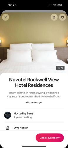 a bedroom with a bed with white pillows at Novotel Rockwell View Hotel Residences in Manila