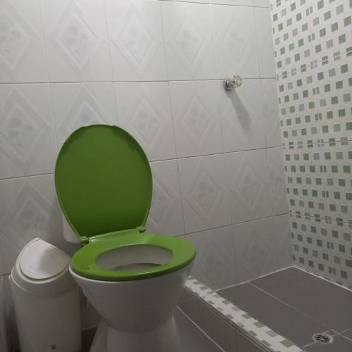 y baño con ducha y aseo verde. en Confortable Apartamento Norte de Popayán, en Popayán