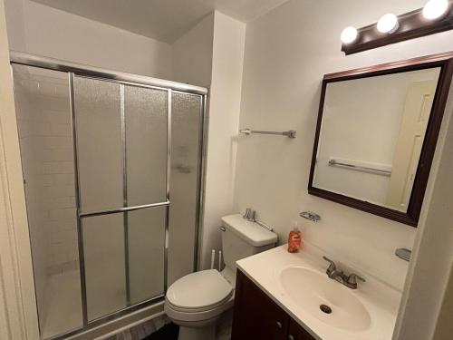 a bathroom with a shower and a toilet and a sink at King size en-suite Hampton cozy house in Hampton