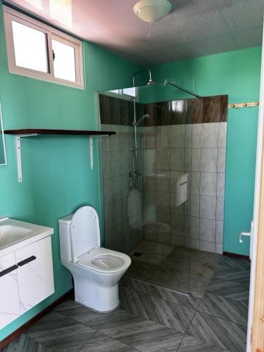 a bathroom with a toilet and a glass shower at Dream lodge II in Tiputa