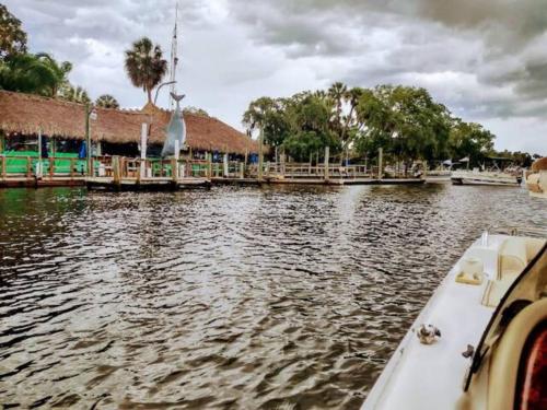 a boat in the water with a statue of a giraffe at The Mermaid on the Cotee River in Port Richey