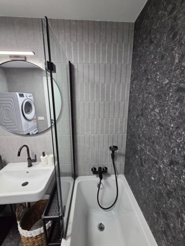 a bathroom with a sink and a bath tub and a sink at Haas Apartments Art with parking, bakery, coffea in Brno