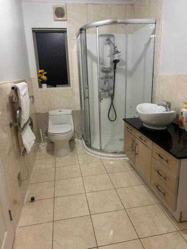 a bathroom with a shower and a toilet and a sink at Cozy Corner in Auckland