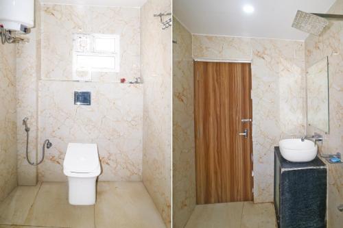two pictures of a bathroom with a toilet and a sink at Super Townhouse Bank More Dhanbad Formerly Rise And Dine in Dhanbād