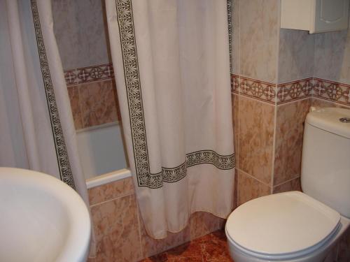 La salle de bains est pourvue de toilettes, d'une douche et d'un lavabo. dans l'établissement Apartamentos Raymar, à Oropesa del Mar